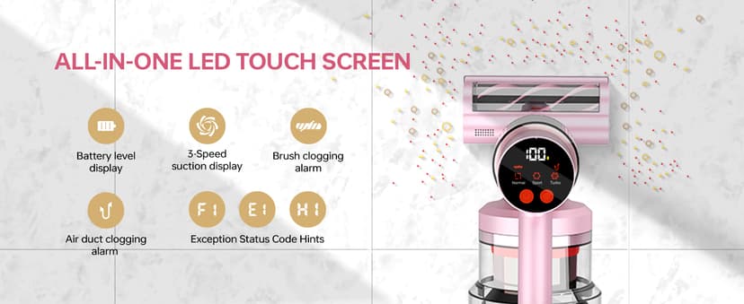 Pink Cordless Vacuum Cleaner, 45Kpa/550W/60 Mins Runtime Stick Vacuum with Self-Standing and Touch Screen, Anti-Tangle Wireless Vacumm, Vacuum Cleaners for Home/Pet Hair/Carpets/Floors