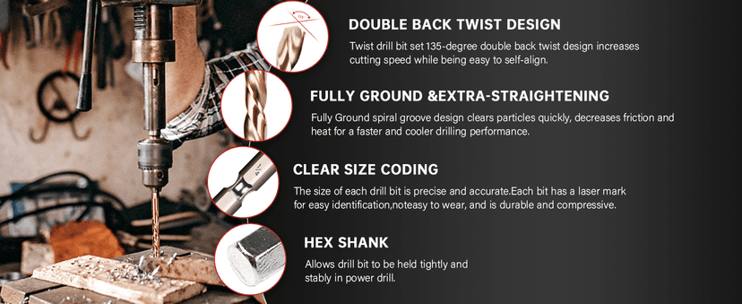 30 PCS Titanium Impact Drill Bit Set, Hex Shank Drill Bit Set for Wood, Steel, Metal, and Plastic with Quick Change Design, HSS Titanium Twist Drill Bit with Storage Case, 5/64" to 1/2"