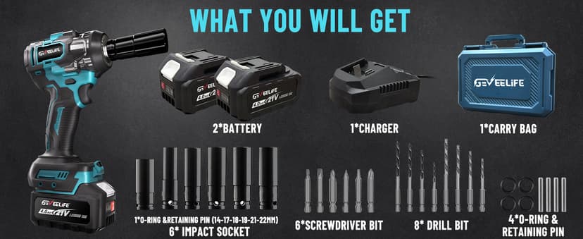 GEVEELIFE 650N.m/480Ft-lbs Brushless Impact Wrench,1/2" Cordless Impact Gun w/ 2x4.0Ah Battery & 6 Sockets, 3300RPM Power Electric Impact Driver for Car/DIY Furniture/Lawn Mower, Blue Toolbox