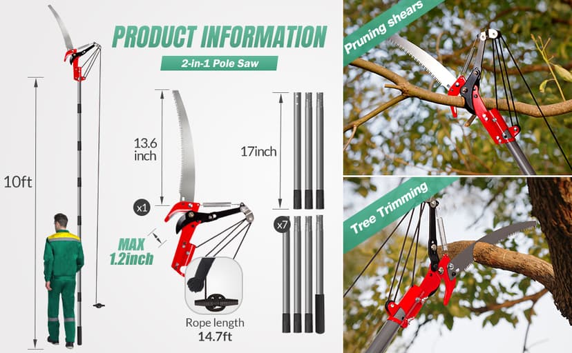 Suchtale 10ft Pole Saw, Manual Tree Pruner with Sharp Steel Blade, Trimmer with Scissors and High Strength Lightweight Handles for Pruning High Branches, Shrubs and Twigs at Forest Yard Garden Patios