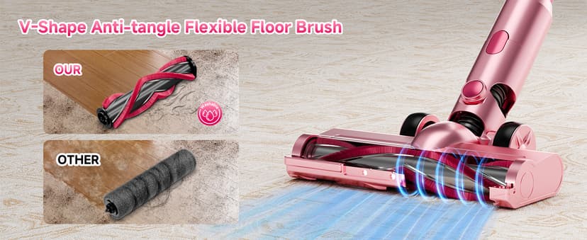 Cordless Vacuum Cleaner,55Mins/Powerful Vacuum Cleaners for Home,Stick Vacuums with 8 in 1,Touch Screen,LED Headlights, Anti-Tangle,Rechargeable,Lightweight for Carpet,Hard Floor, Pet Hair,Pink