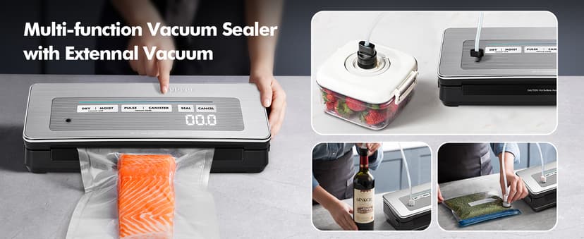Vacuum Sealer Machine, 90kPa 120W Powerful Food Sealer Build-in Cutter and Bag Storage, Digital Countdown Display, Dry&Moist Mode, Wide Seal, 2 Bag Rolls & 5 Pre-Cut Bags for Food Saver (Silver)
