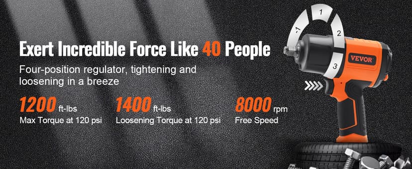 VEVOR 1/2-Inch Air Impact Wrench - High Torque 1400 ft-lbs - Lightweight 4.6 lb - Includes 11-Piece CR-V Steel Impact Socket Set & Carrying Case