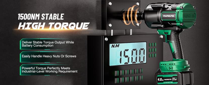 1500N.m(1106ft-lbs) Brushless Impact Wrench, High Torque 1/2" Impact Driver with 2* 21V 4.0AH Battery, Fast Charger, 5 Sockets & Storage Case, Cordless Impact Driver for Home Car Truck Tires