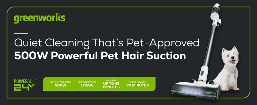 Greenworks 24V Brushless Cordless Stick Vacuum, Lightweight, Handheld, Pet, Anti-Allergen HEPA Filtration, Hard Floor, Carpet, Car, 4Ah Battery, and 30-Minute Charge Time (Green)