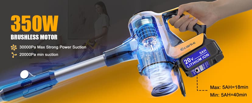 Cordless Stick Vacuum Cleaner Compatible with DeWalt Battery, 350W Brushless Motor, 30KPa Suction, 6-in-1 180° Bendable Wand, Smart Screen 2x5AH Batteries & Charger – Hardwood Floors