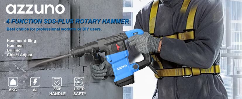 AZZUNO 1-1/4" SDS-Plus 15Amp Heavy Duty Rotary Hammer Drill, 4 Functions, for Drilling in Concrete, Brick and Stone, Includes Chisel and Drill Bits