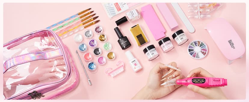 Acrylic Nail Kit with Everything: Beginners Practice Hand Acrylic Nail Powder Liquid Set with U V Lamp Drill in Gift Bag for Home Salon(Pink Bag)