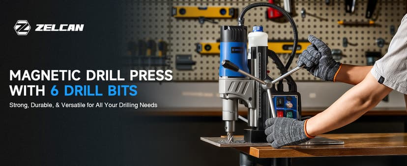 ZELCAN Mag Drill Press with 6 Drill Bits, 1550W Portable Magnetic Press with 2" Boring Diameter, 0-580 rpm Stepless Speed & Reversible Direction, 2922 lbf Power Magnetic