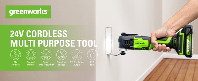Greenworks 24V 6-pcs Combo Kit: 24V Hammer Drill, Impact Driver, Multi-Tool, Flashlight, Reciprocating Saw & Circular Saw, Includes 3 * 2.0Ah Batteries & (2) Chargers