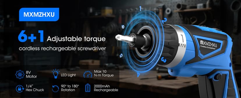 8V Cordless Screwdriver,6+1 Torque Max 10N·m Electric Power Screwdriver with 47 Accessories,180°Pivoting Handle, 2000mAh Rechargeable Screw Gun&Bit Set with LED Light, Flexible Shaft,for Home,Office