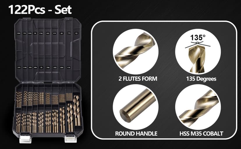 Cobalt Drill Bit Set for Hardened Metal and Stainless Steel, 99Pcs M35 High Speed Steel Twist Jobber Metal Drill Bits 1/16"-3/8", with Plastic Index Storage Case