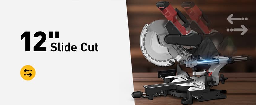 12-Inch Dual-Bevel Sliding Compound Miter Saw, 3800RPM, 15 Amp, Single Bevel 0-45° with Extension Table, 36T Blade, Power Saw for Metal, Plastic, Wood, Laminates