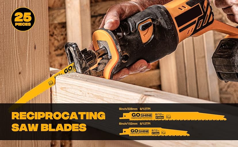 25 Pack 9 in 6/12TPI Reciprocating Saw Blades,Stud and Nail sawzall Blades, 9" High-Strength Bi-Metal sawzall Blades for Wood and Nail-Embedded Wood, Small Branches, Pallets,PVC Pipe