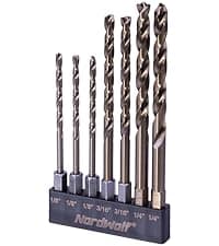NordWolf 5-Piece M35 Cobalt Stubby Drill Bit Set for Stainless Steel & Hard Metals, with 1/4" Hex Shank for Quick Chucks & Impact Drivers, SAE Sizes 3/32"-1/8"-3/16"-1/4"-5/16" in Storage Case