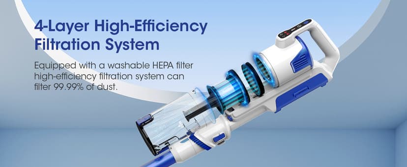 Cordless Vacuum Cleaner, Brushless Motor Powerful Suction Stick Vacuum, LED Display, with 2500 mAh Detachable Battery, 45 Mins Runtime Vacuum Cleaners for Home/Pet Hair/Hardwood/Carpets, Blue