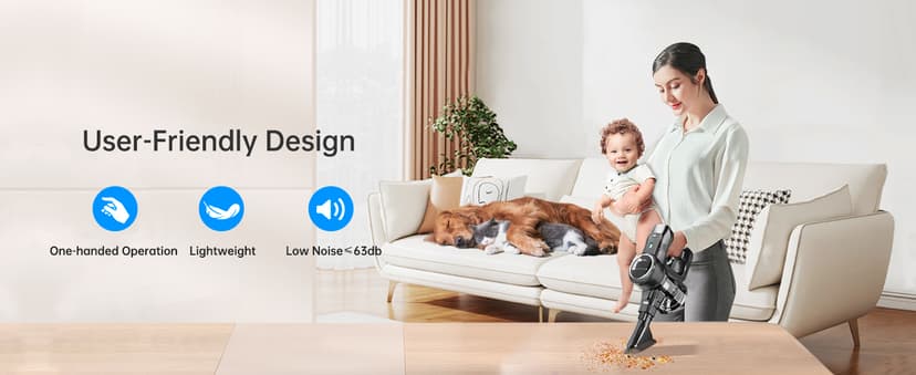 FABULETTA Cordless Vacuum Cleaner, 35Kpa Vacuum Cleaners for Home, Max 50 Mins Runtime, Self-Standing Design, 5-Layer Filtration System, Anti-Tangle Brush, LED Display, Lightweight