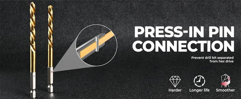 amoolo Hex Shank Drill Bit Set (13Pcs Set+3 Pcs Free), Premium 4341 HSS Titanium Impact Hex Drill Bits for Wood, Steel, Metal, Plastic, Quick Change Design (1/16 -1/4 )