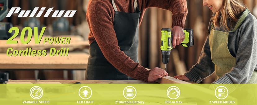 PULITUO'S 20V Cordless Drill/Driver, Electric Screwdriver - 2 Batteries, 30Nm, 21+1 Torque, 2 Speed, Keyless 3/8" Chase Drill with LED Light, Kit for Home (Green)
