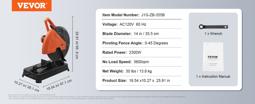 VEVOR Abrasive Chop Saw, 14in / 35cm Blade, 2300W 3600RPM Steel Cutting Machine, 0-45Degrees Adjustable Angle Miter Saw for Cutting Metal, Rebar, Iron, Aluminum - Black