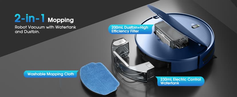 Robot Vacuum and Mop, 2-in-1 Robotic Vacuums Cleaner with Smart Max Strong Suction, WiFi/App/Alexa Voice Control, Obstacle Avoidance, for Pet Hair, Carpets and More - Blue
