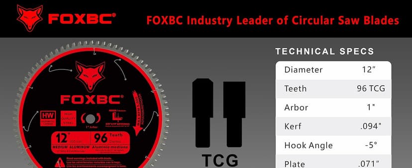 FOXBC 12 Inch Saw Blade 96-Tooth TCG for Aluminum Non-Ferrous Metal & Plastic Cutting with 1-Inch Arbor