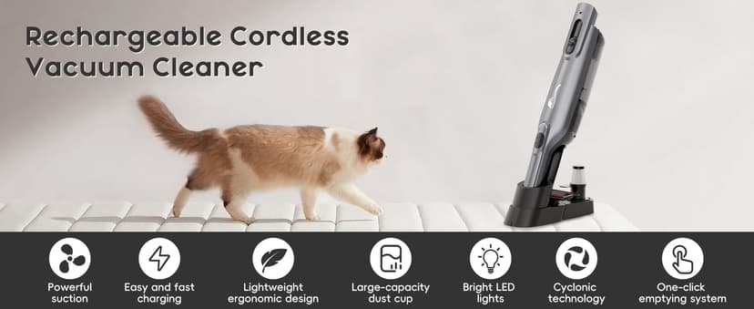 Cordless Handheld Vacuum, Lightweight Portable Hand Vacuum Cleaner with LED Light,Rechargeable Hand Held Vacuum with Charging Dock, Powerful Suction for Office, Home,Car,Silver