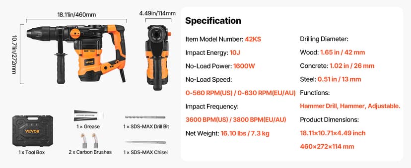 VEVOR 1-9/16 Inch SDS-Max Rotary Hammer Drill, 13Amp Corded Drills, Heavy Duty Chipping Hammers w/Vibration Control & Safety Clutch, Electric Demolition Hammers Variable Speed, Power Tool For Concrete