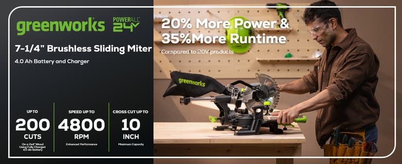 Greenworks 24V Brushless 7-1/4" Sliding Compound Miter Saw Kit, 4800RPM, Single Bevel 0-47°, LED Cut Line, Dust Collection, 4.0Ah Battery & Charger Included