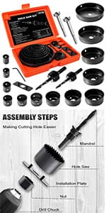 Hole Saw Set, 22PCS Hole Saw Kit with 3/4" to 5" (19mm-127mm) 13Pcs Saw Blades, Mandrels, Installation Plate, Drill Bits, Hex Key with Storage Box, Ideal for Soft Wood, Plywood, Drywall, PVC