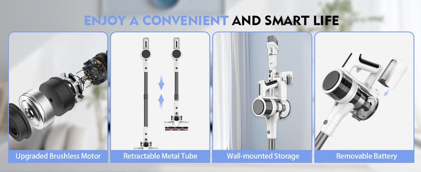 Cordless Vacuum Cleaner, 80,000 RPM Motor and Power Filtration, Stick Vacuum with 2200 mAh Battery, 35 Mins Worktime, 2 Modes, Rotated Multi-Heads, Height-Adjustable Vacuum for Home (Gray Nickel)