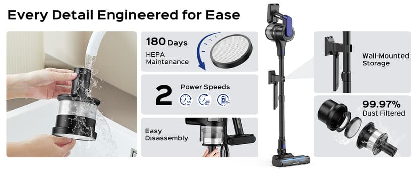Cordless Stick Vacuum Cleaner, 55Min Cordless Vacuum Cleaners for Home, Powerful Suction Rechargeable Vacuum with Green LED Headlight, Lightweight Stick Vac for Carpet, Hardwood Floors & Pet Hair