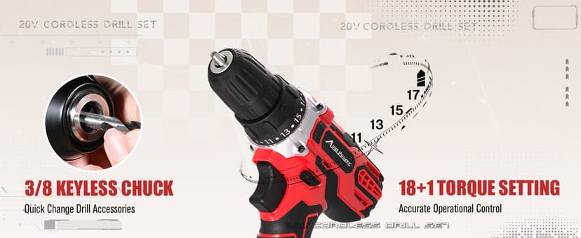 AVID POWER 20V MAX Power Drill Kit, Cordless Drill Set with Battery and Charger, 2 Variable Speed, 3/8-Inch Keyless Chuck, 19 Position and 22pcs Bits