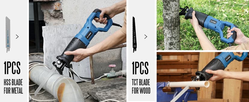 Reciprocating Saw, 6Amp 2800RPM Variable Speed Reciprocating Saw with 4/5"(20mm) Stroke Length, 3Pcs Blades for Wood, Soft Metal, PVC Pipe Cutting