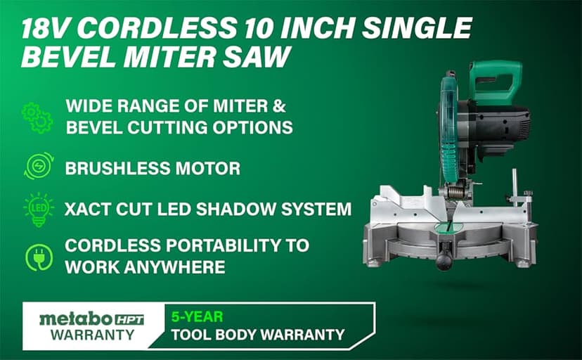 Metabo HPT 18V MultiVolt Cordless 10-Inch Single Bevel Miter Saw, Wide Range of Miter and Bevel Cutting Options, Xact Cut LED Shadow System, Brushless Technology, Tool Body Only, C1810DFAQ4