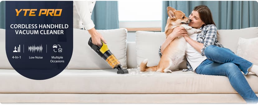 Handheld Vacuum Cordless 1.1 Pounds Car Vac 10000PA Hand Held Vacuums 4-in-1 Hand Vac Cordless Rechargeable HEPA Filter Large Capacity Dust Cup for Car Office Home Pets Hair (Yellow&Black)