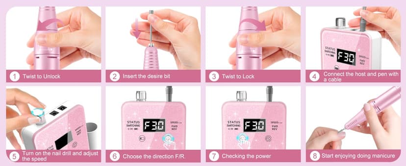 Professional Electric Nail Drill File:COSYGLOW Glitter Portable Cordless E-File Nail Drill Kit with 11 Drill Bits,30000 RPM Rechargeable Nail Drills Machine for Acrylic Nails Gel Polishing (Pink)
