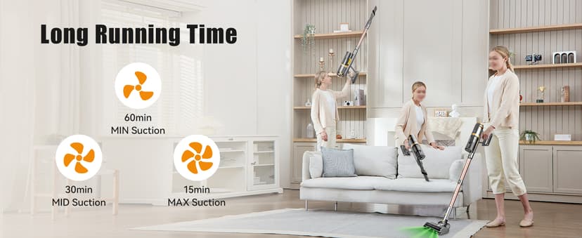 E.LUO Cordless Vacuum Cleaner 350W/≥24KPA Powerful Stick Vacuum with Led Screen Max 60 Mins Runtime Vacuum Cleaner with Rechargeable 2500 mAh Battery for Home Hard Floor Carpet Car Pet