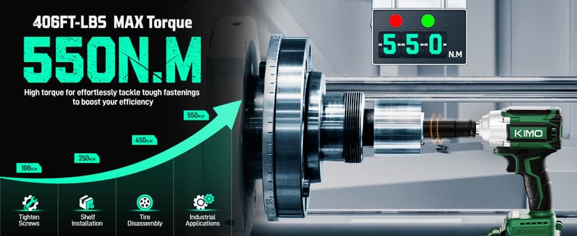 KIMO Impact Wrench 1/2, Max Torque 406ft-lbs (550N.m) & 3000RPM /Premium Brake Stop, 9-Piece Drill & Serewdriver Set, 4 Sockets, Cordless Impact Wrench with 4000mAh Battery, Impact Driver for CarTires