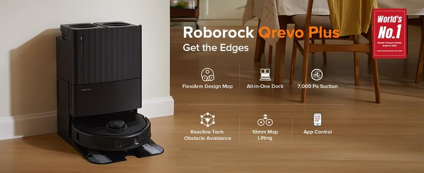 roborock Qrevo Plus Robot Vacuum and Mop with FlexiArm Design Edge Mopping, Self-Emptying, 10 mm Liftable Mops, Auto Mop Washing & Drying, Reactive Tech Obstacle Avoidance, 7,000 Pa Suction, Black