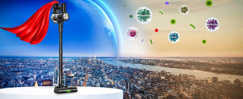 Cordless Vacuum Cleaner, 46KPa/500W Stick Vacuum with 55 Mins Runtime, Self-Standing Vacuum Cleaner for Home, LED Display, Anti-Tangle Brush, Rechargeable Vacuum for Pet Hair