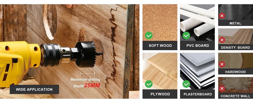 KATA 6PCS Hole Saw Kit 1-1/4" to 2-1/8"(32-54mm) Hole Saw Set in Case with Mandrels and Hex Key for Soft Wood, PVC Board, Plywood