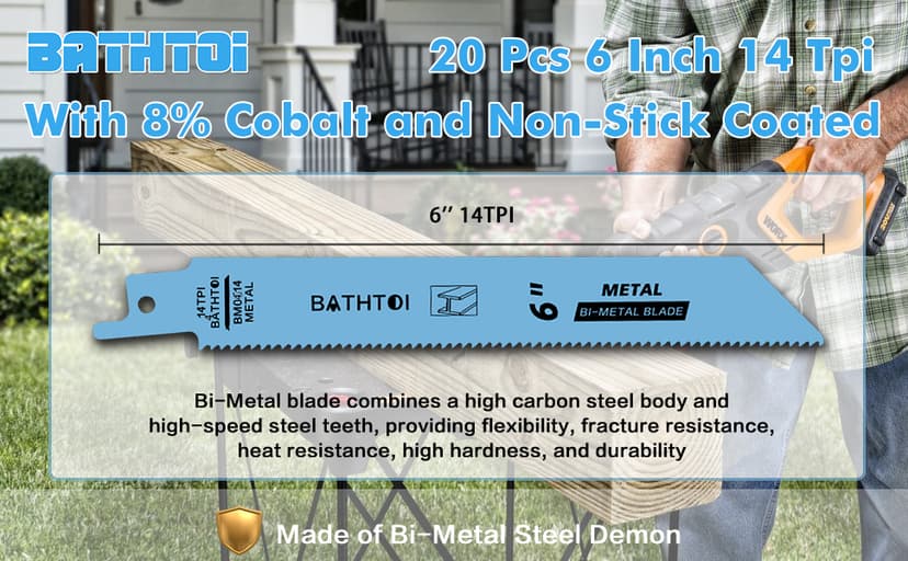 20 Pack 6 Inch 14 Tpi Reciprocating Saw Blades for Sheet Metal, Pipes, PVC Plastic, Profiles Cutting, Bi-Metal Sawzall Blades with 8% Cobalt for Longer Life and Faster Cutting Speed