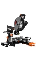 DWT Sliding Compound Miter Saw with 3 Blades, 15A 10", Double Speed (4500 RPM & 3200 RPM), Bevel Cut (0°-45°) with Laser, Extension Table, Iron Blade Guard, Cutting Wood, PVC or Soft Metal