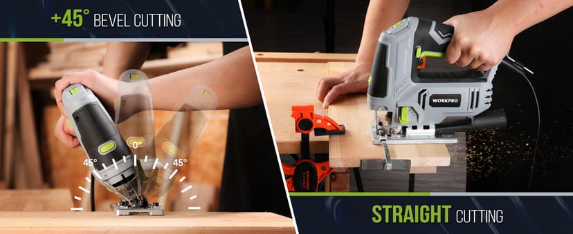 WORKPRO Jigsaw, 6.5AMP 850W Corded Electric Jig Saw Tool Kit with 6 Variable Speeds, 7 Blades, ±45° Bevel Cutting, LED Light, 3000 SPM, 4 Orbital Settings, Edge Guide, Tool-free Blade Changing