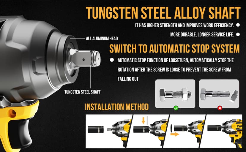EWORK Cordless Impact Wrench 1/2 inch 21V Brushless High Torque Impact Gun Max 700 Ft-lbs Power Impact Wrenches with 4.0Ah Li-ion Battery, Fast Charger, 5 Sockets, Tool Bag (RB-810)