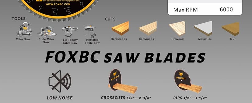 FOXBC 10 Inch Thin Kerf Fine Finish Crosscut Table Saw Blade, 60-Tooth ATB, with 5/8-Inch Arbor