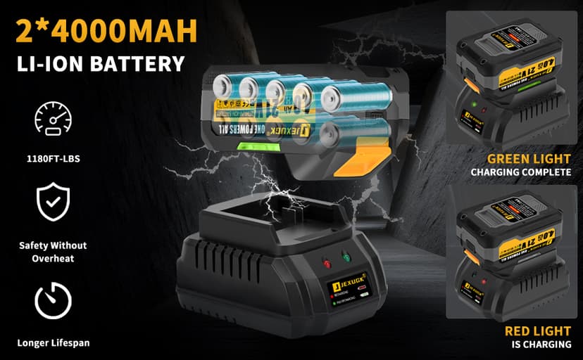 1600Nm Cordless Impact Wrench, 21V 1/2" 1180Ft-lbs Impact Gun wiht 2 x 4.0Ah Battery, High Torque Pistola De Impacto with 6 Sockets, Brushless Llave De Impacto Driver for Truck/Car/Mower