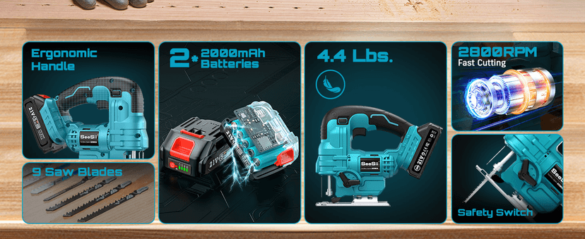 SEESII Cordless Jig Saw 21V, Electric Jigsaw Tool with 2× 2.0Ah Batteries, 2800RPM Variable Speed for Wood Cutting, 0°-45° Bevel Cuts, LED Light, 4 Orbital Settings for Straight/Curve/Circle Cutting