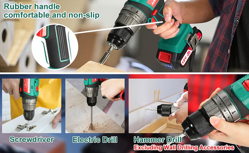 Cordless Hammer Drill Driver 18V, HYCHIKA 400 In-lbs Torque Power Drill with Auxiliary Handle, 1/2” Metal Chuck, 2.0Ah Battery, 1H Fast Charger, 21+3 Clutch, LED Light for Drilling Wood Metal Wall